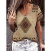 Women's Retro Ethnic Style Geometric Pattern Printed Short-sleeved T-shirt Summer Casual V-neck Women's T-shirt
