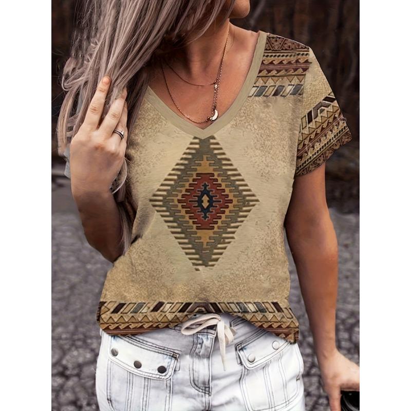 Women's Retro Ethnic Style Geometric Pattern Printed Short-sleeved T-shirt Summer Casual V-neck Women's T-shirt