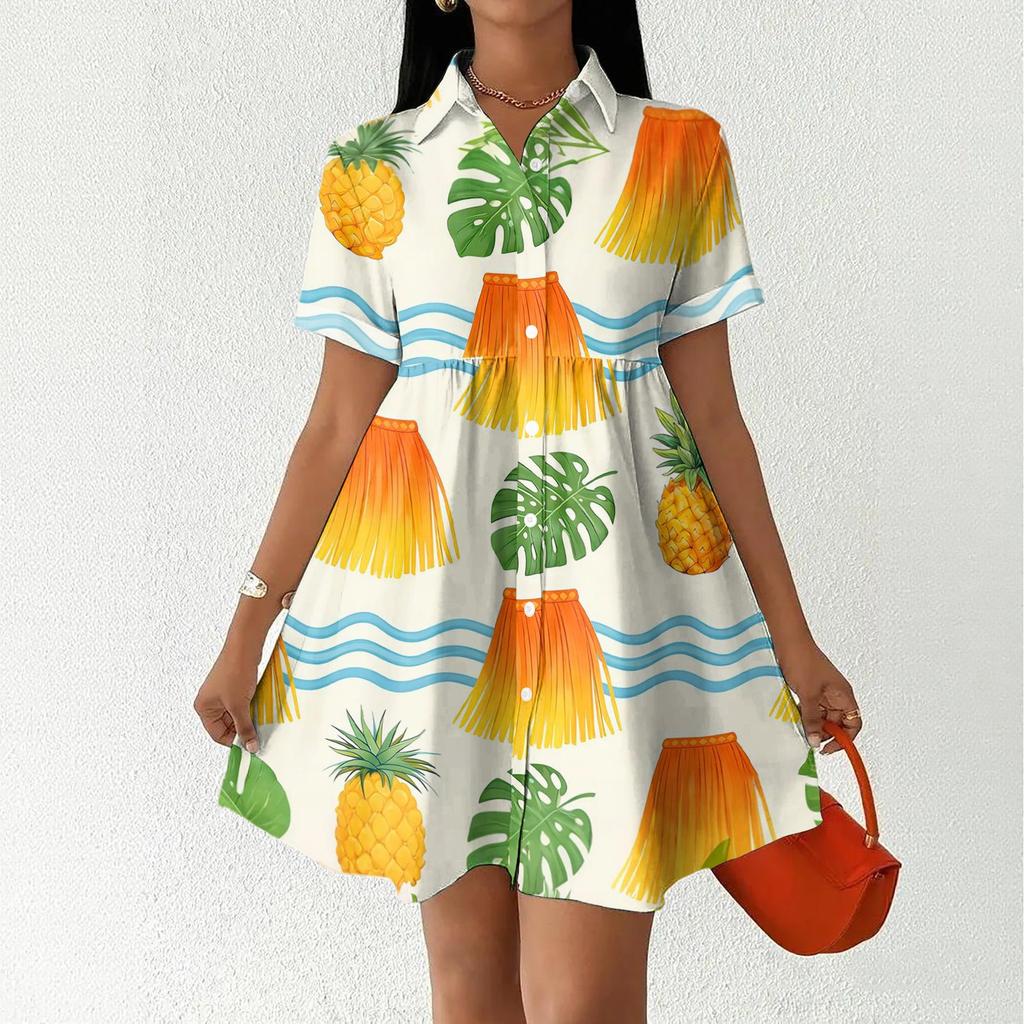 Women's Casual Loose Fit Shirt Dress Button Front Stand Collar Hawaiian Print Short Sleeve Summer Dress