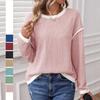 Women's Crew Neck Long Sleeve Top Loose Fit Streetwear Casual Sweater Color Block Patchwork Pullover Fall Knit Waffle Shirt