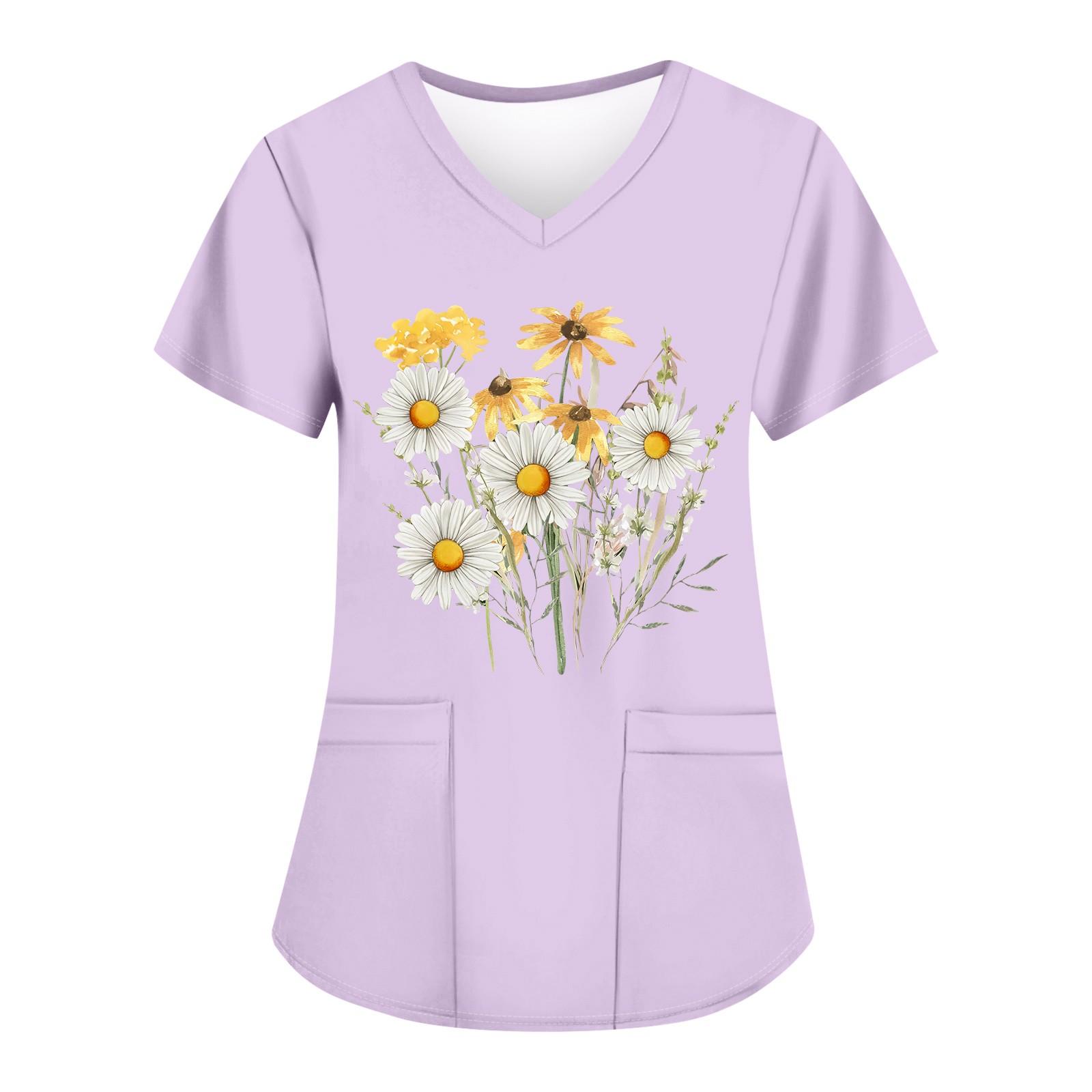 

Жіночі модні робочі футболки з принтом і V-подібним вирізом з короткими рукавами та кишенями XXXXXL фіолетовий