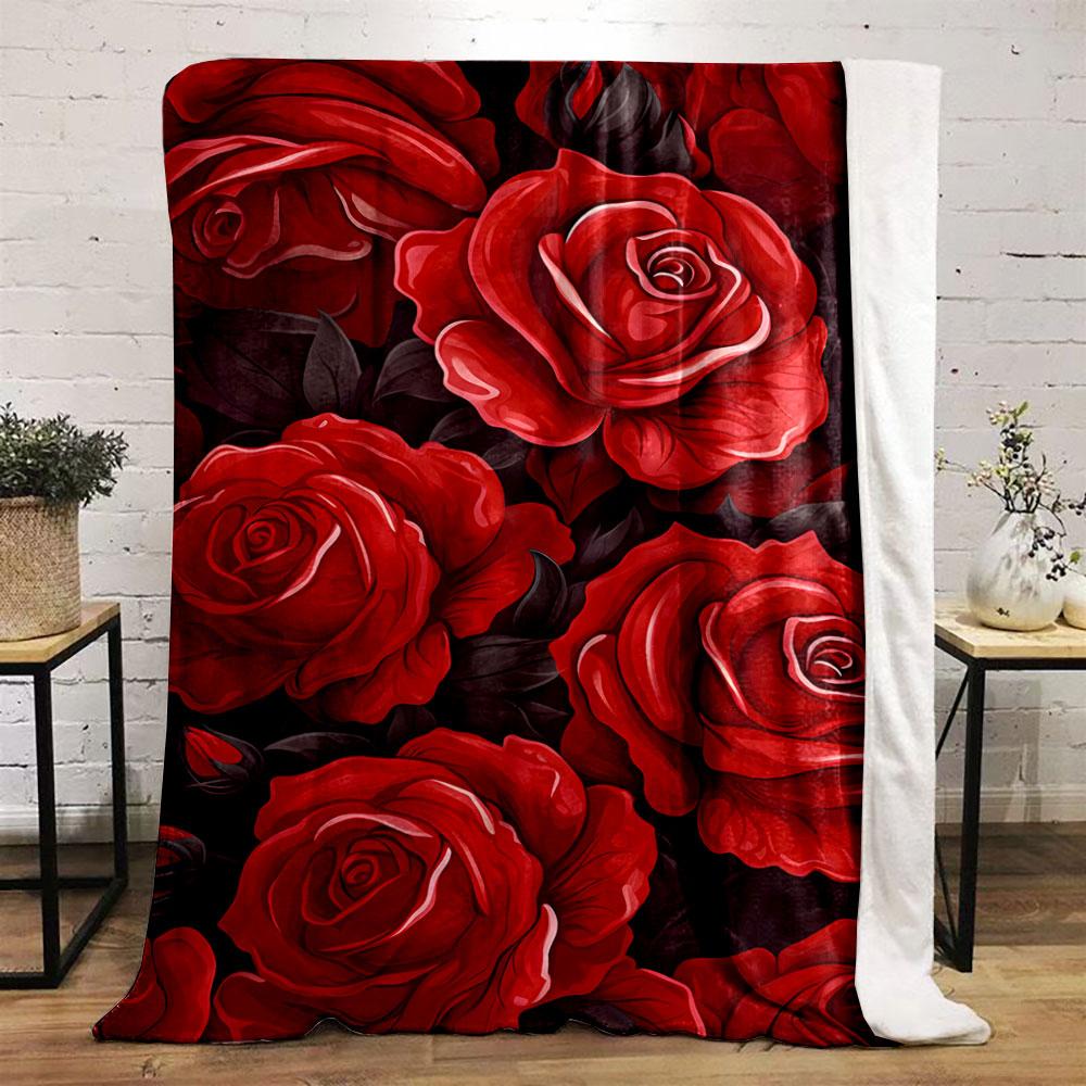 Vivid Red Roses with Dark Green Leaves On a Deep Background. for All Seasons Blanket Lunch Break Throw Gift