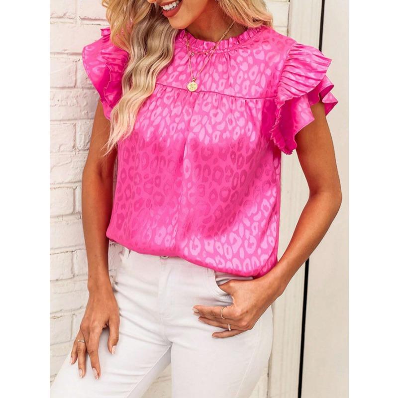 2025 Letnia moda Leopard Print damska bluzka Nowa swobodna prosta koszula z falbaniastymi rękawami plisowana damska góra plus size luźna odzież damska 3670