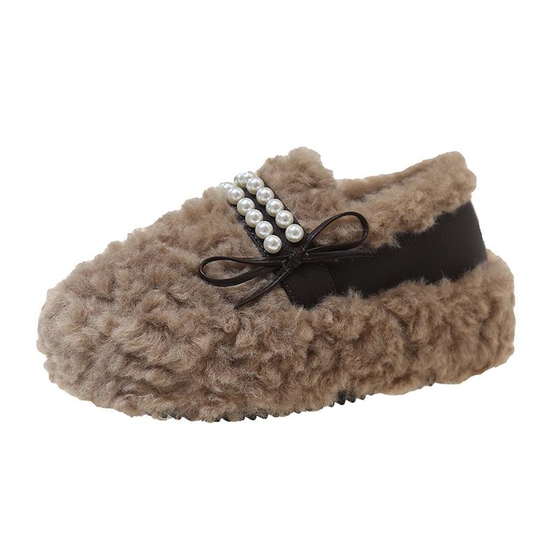 Women's Shoes Mao Mao Shoes Women's 2025 Winter New Outer Wear Flat-bottomed Pearl Decoration Korean Version Doudou Shoes One-pedal Fairy
