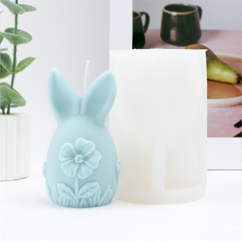 3D Easter Bunny Egg with Flowers Silicone Candle Mold DIY Rabbit Ear Round Egg with Daisy Hibiscus Flowers Candles Gypsum Crafts
