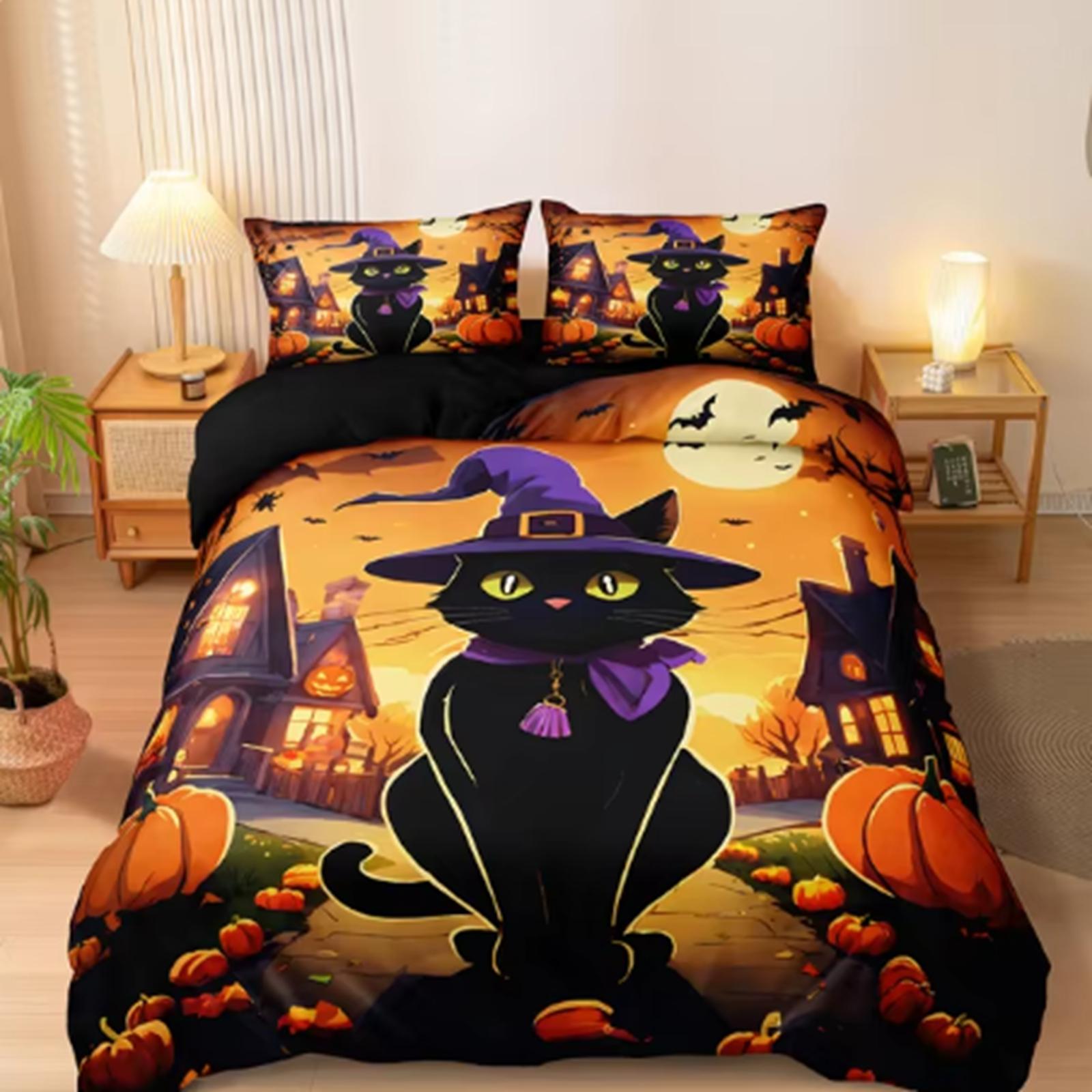 

Pink Pumpkin Duvet Cover Set Halloween Comforter Cover Ghost Bedding Set Horror Quilt Cover Black Cat Room Decor 3PCS 135x200cm&set