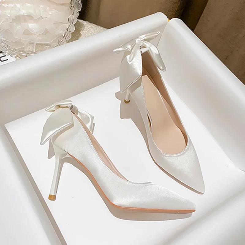 Fashion Bow Strap Fashion Women's Shoes High Heel Fine with Simple Flannelette A Pointy Band High Heels with Single Shoes for Ladies