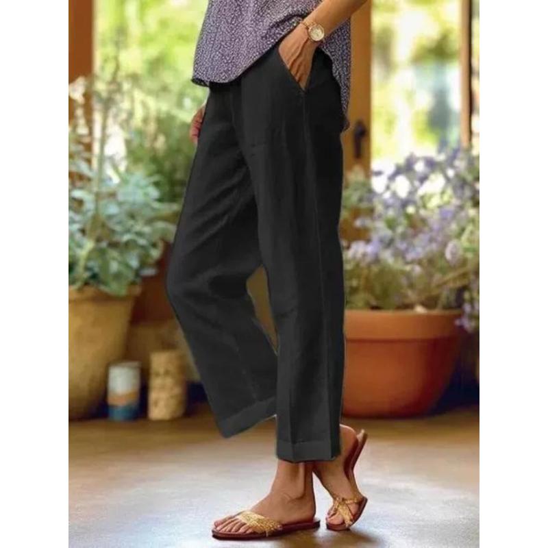 Women's Casual Pants Cotton and Linen Blend Elastic Waist Pocket Fashion Simple Slit Button Basic Versatile Straight Leg Pants