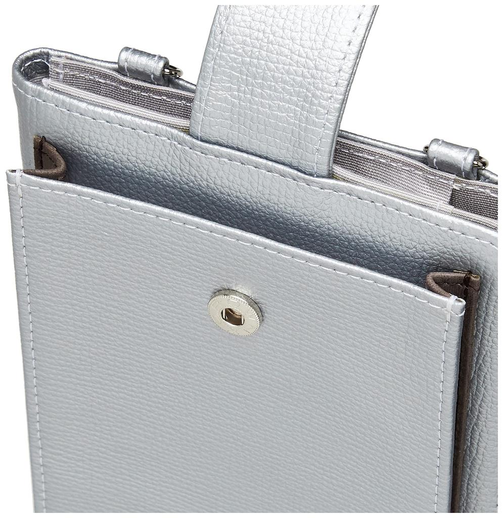 Eleglow Italian Leather Smartphone Shoulder Bag, Mini Shoulder Bag, Chrome Leather, REESE, No. 72762, Women's, Silver and Gray