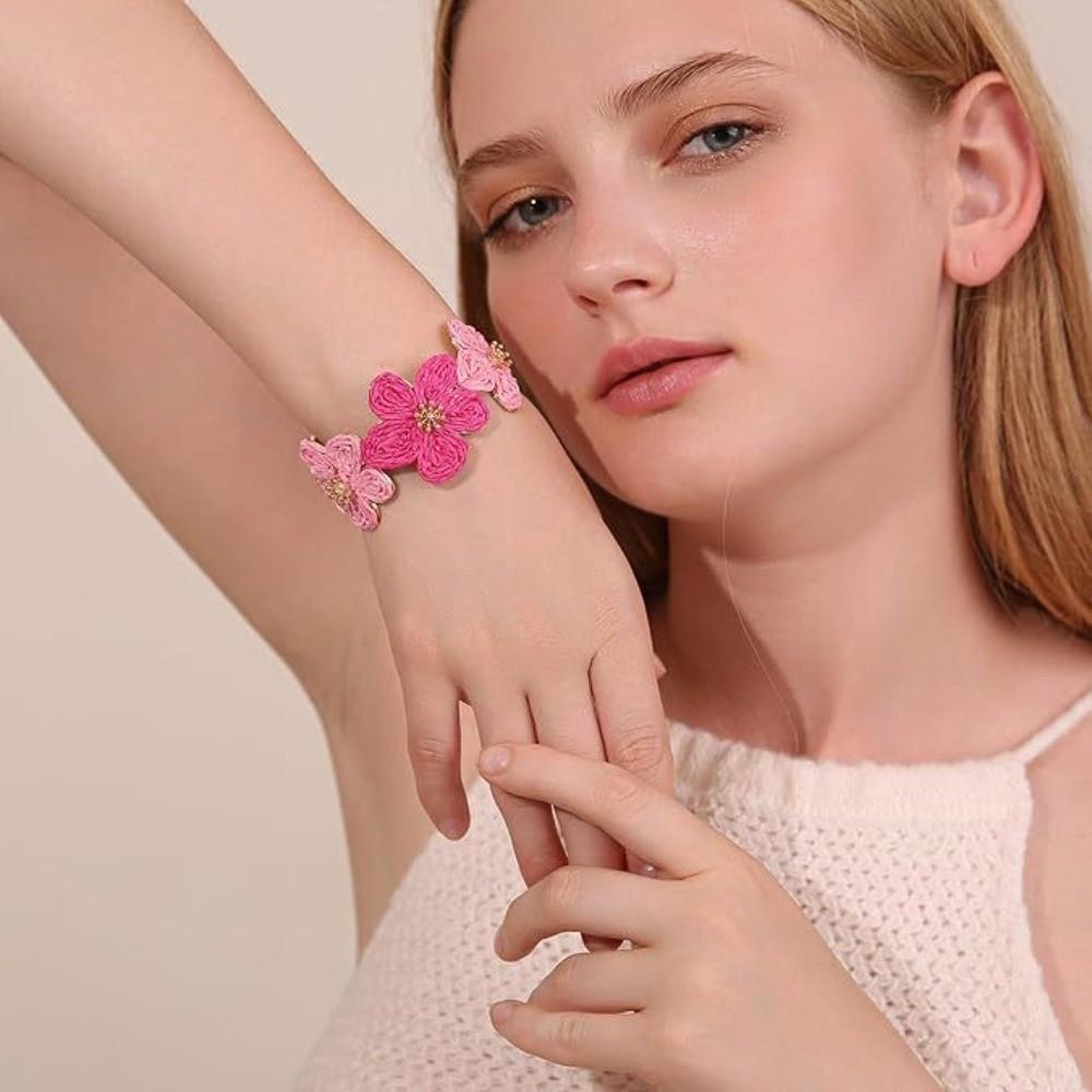 Colorful Woven Flower Bangle Vintage Hand Ring Retro Raffia Grass Bracelet  Gift