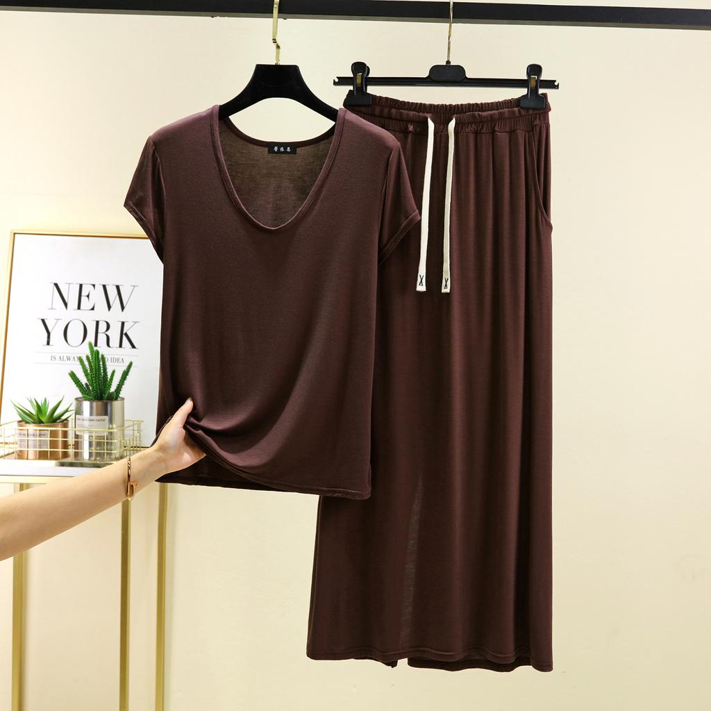 Modal homewear 2pcs suit U-Neck short sleeve Tshirts and Long skirt Plus size Loose fashion dress sets Women's matching set