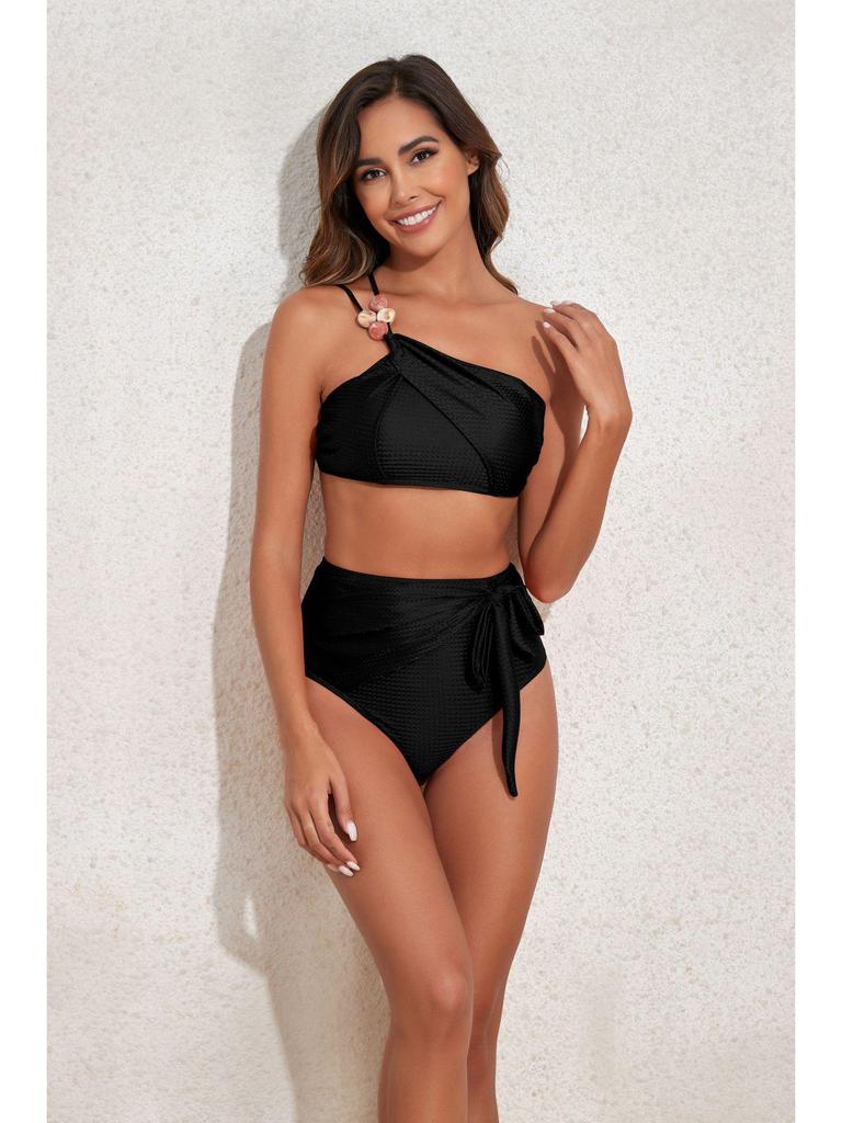 2025 Women's Beaded One-Shoulder Slimming Swimsuit: Tummy-Covering Bikini & Sun Protection Gauze Skirt