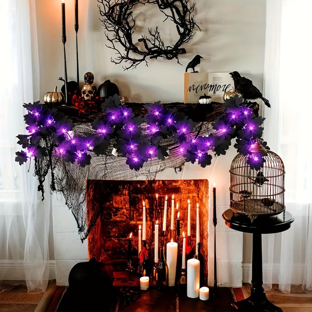 Künstlicher Ahornblatt-Girlande mit 36 schwarzen Spitzen und LED-Lichtern für Thanksgiving Halloween Heimdekoration