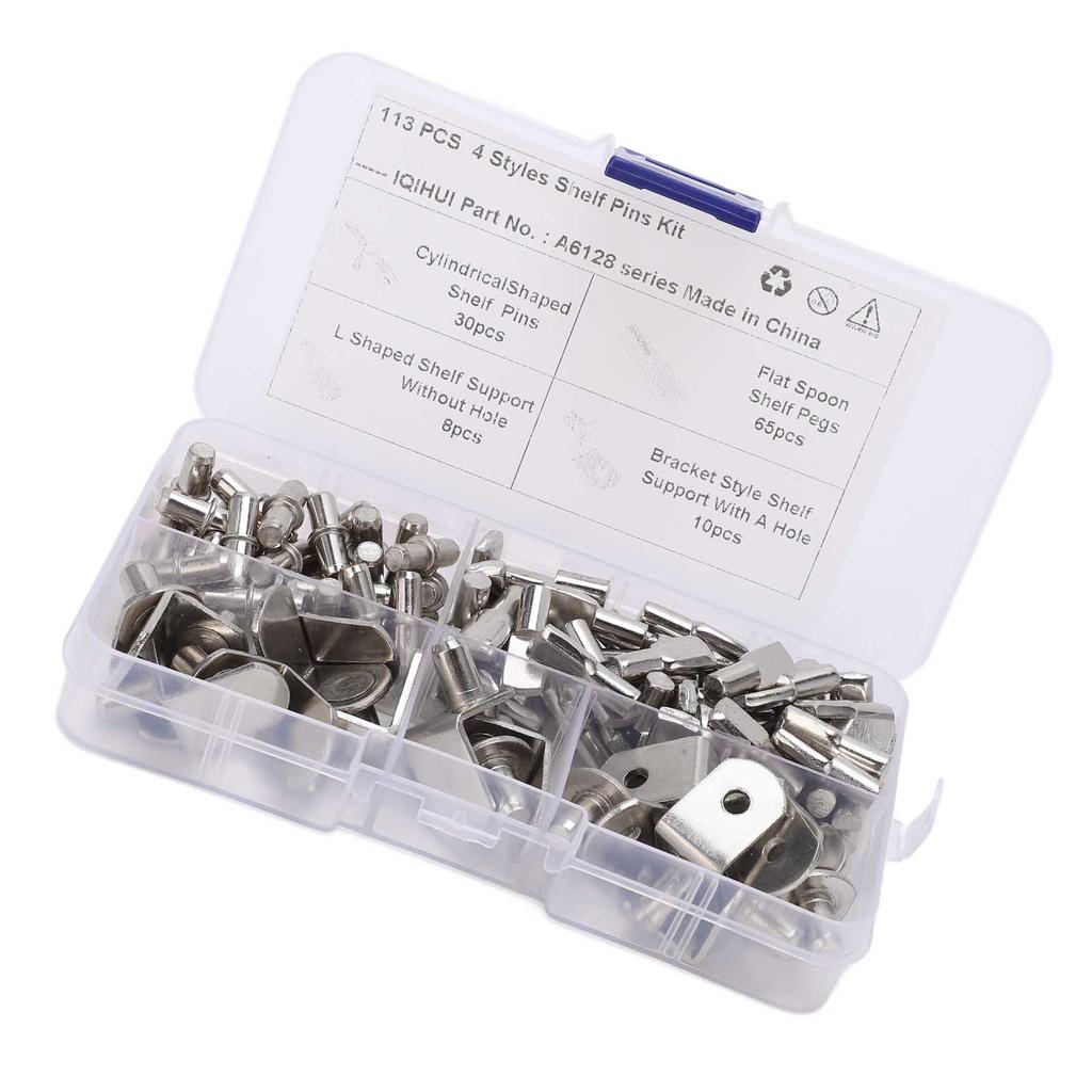 113Pcs 4 Styles Shelf Pins Kit Nickel Plated Shelf Support Pegs for RV Cabinet Bookshelf Display Cabinet Furniture