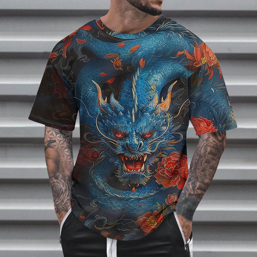 Animal  Dragon Pattern 3D Print Round Neck Short Sleeve Men's T-shirts Oversized Harajuku Tops