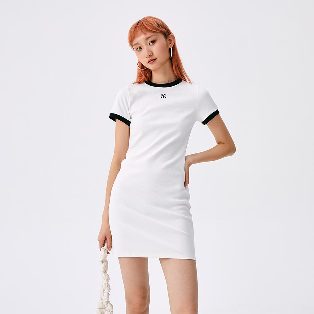 New MLB New York Yankees Basic Collection SS25 Short Sleeved Dress Women's Ivory 3FOPB0453-50IVS