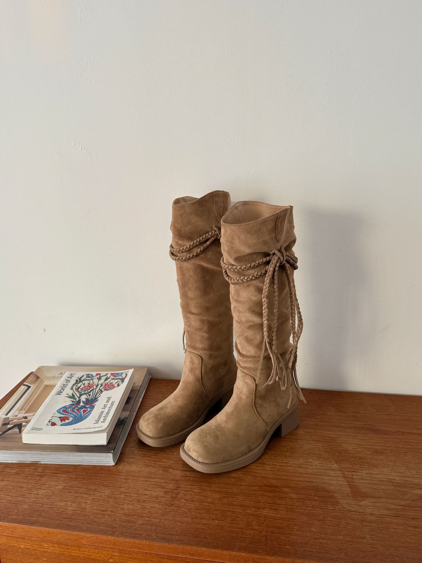 

DAPAI SHOW retro Maillard high-heeled high boots women s wasteland wind fringed hemp rope suede but knee boots 39