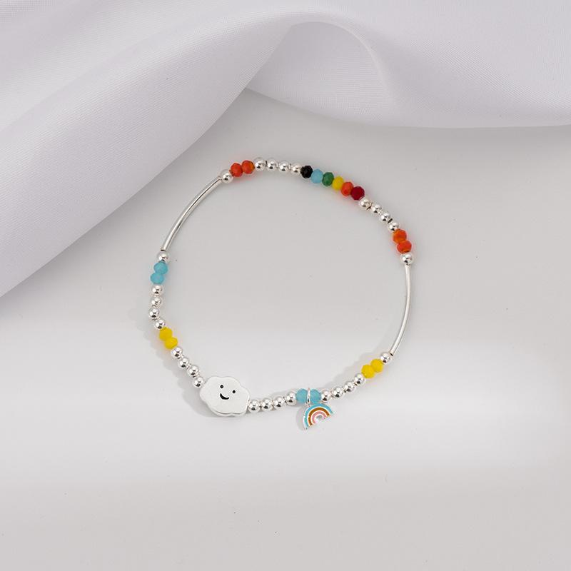 S925 Silver Rainbow Beaded Bracelet for Girls Summer Ins Niche Design Colorful Bear Smiley Hand Jewelry