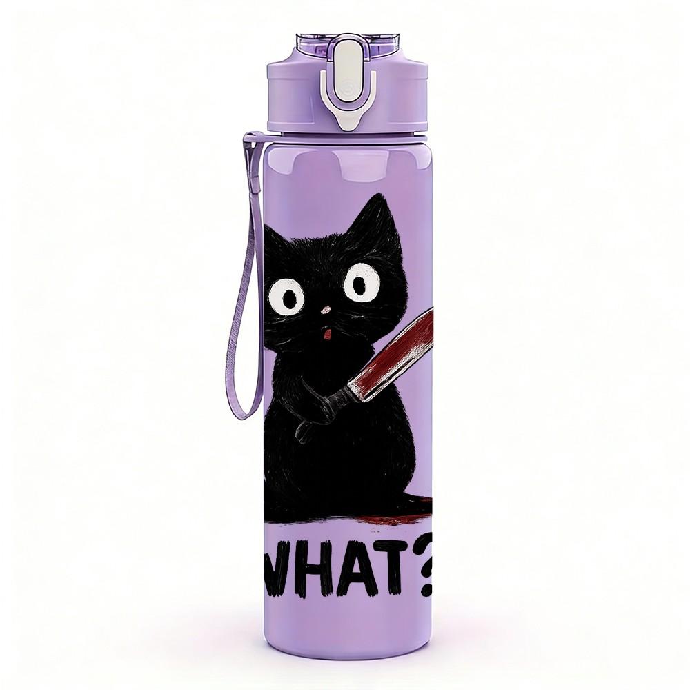 1PC Black Cat Funny Question Print 750ml Color Plastic Sports Water Bottle Leakproof Flip Straw Lid Suitable for Sports Office Home Use