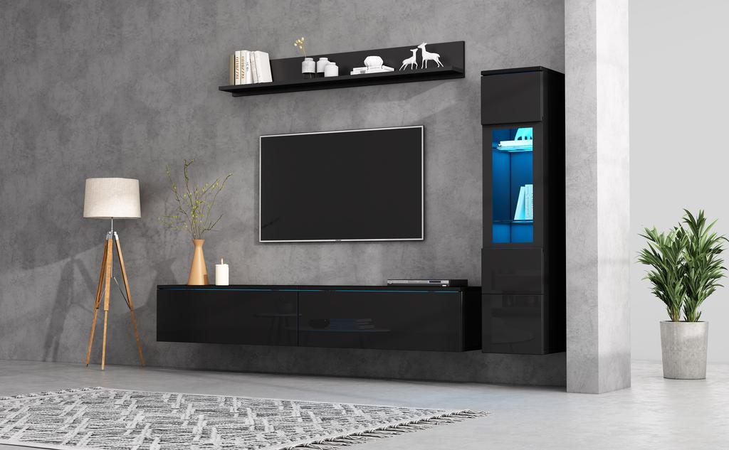 TV-Wandmöbel Set 3-teilig LED-Beleuchtung Hochglanz Schwarz 1 x TV-Schrank, 1 x Wohnzimmer Vitrine, 1 x Wandregal, TV bis 80'