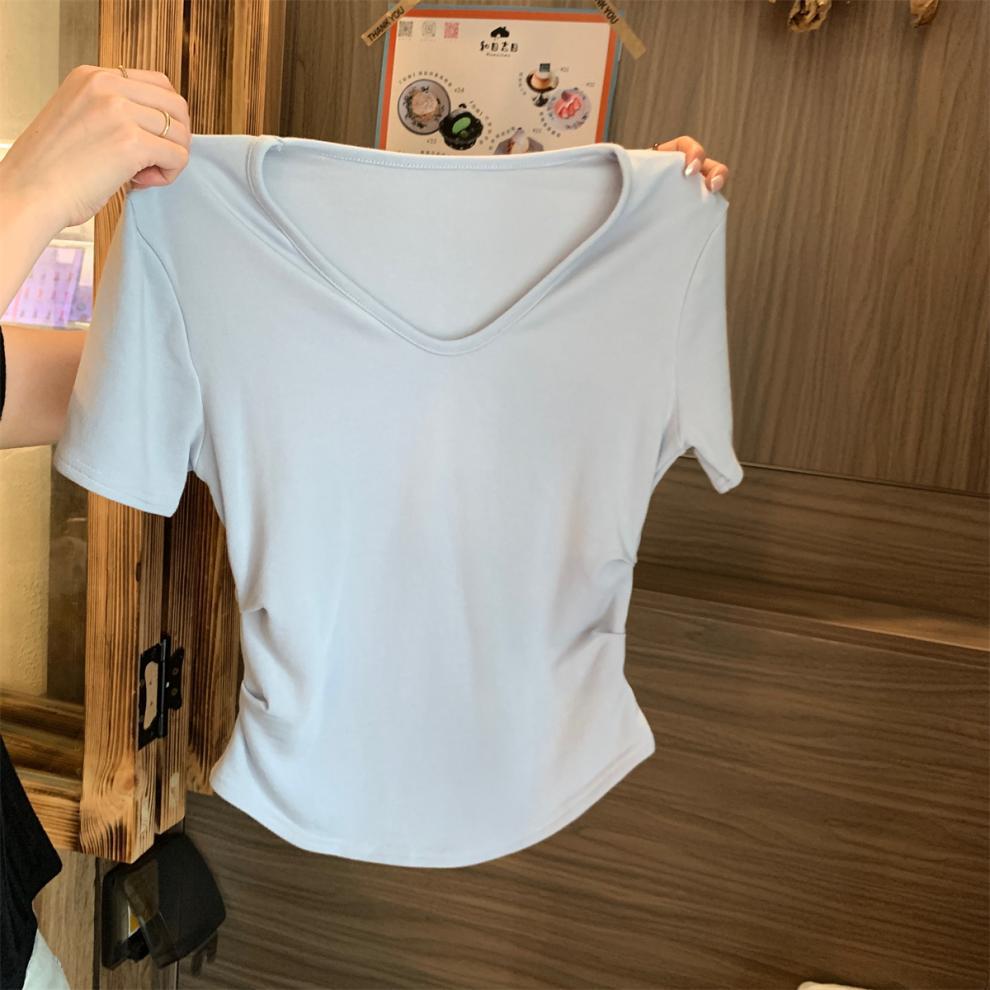 Spring/Summer Korean Style Slimming V-Neck Pleated Short Sleeve T-Shirt