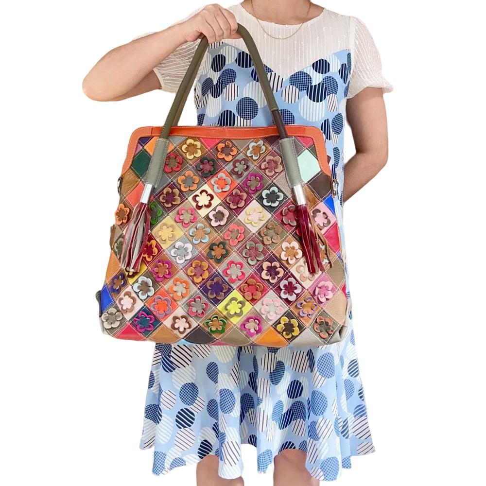 Women'S Bag Cowhide Women'S Bag Shoulder Bag Rhombus Colored Leather Flower Bag Portable Messenger Bag