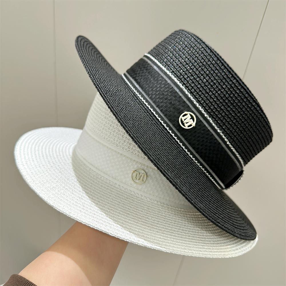 

Sunscreen sunshade rhinestone M standard flat top straw hat women s versatile retro British white top hat Adult average size чорний