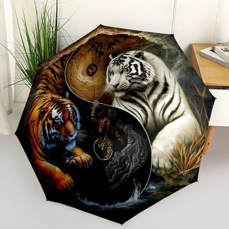Yin Yang Tigers Folding Umbrella Fashion Auto-Open Design 8 Iron Ribs Plastic Handle Foldable Sunshade Perfect Christmas Gifts