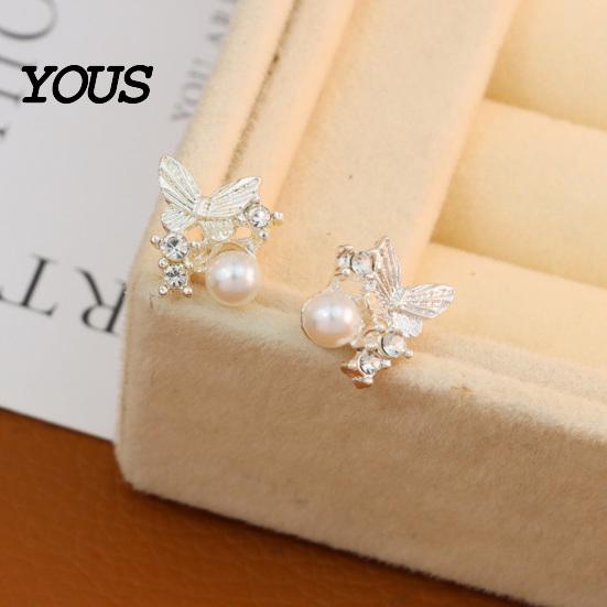 Rhinestone Butterfly Jewelry 1 Pair Stud Earrings for Women, Sparkly Faux Pearl Minimalist Daily Earrings, Glitter Cubic Zirconia Daily, Party,