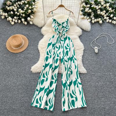 Combinaison de Vacances pour Femme Mode Bretelles Spaghetti Plissée Coupe Slim Jambes Larges Pantalon de Plage Imprimé Salopette Décontractée d'Été