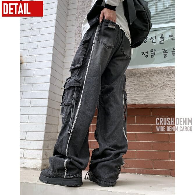 Arcade Distressed Denim Cargo Pants with Multiple Wide Loose Flared Size XL Black Men's Pockets, Leg, Fit, Denim, (LL),