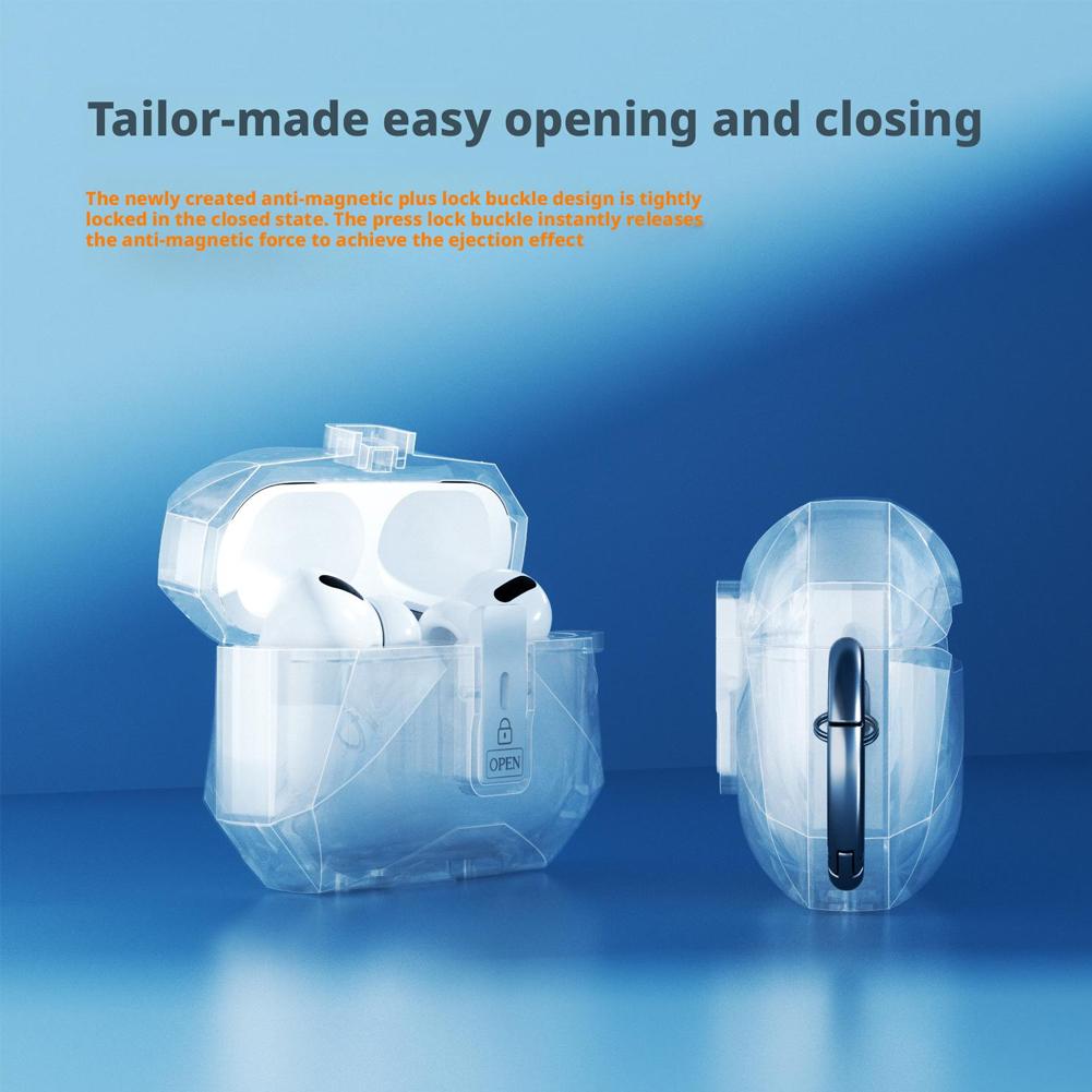 For Airpods Pro 3 Transparent Crystal Bluetooth Earphone Case TPU Switch Lock Cover with Hook Anti-Scratch Protective Case