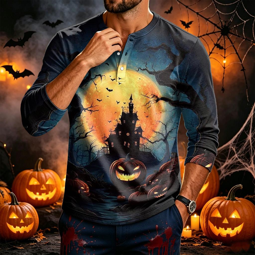 Men's Long Sleeve Tee with Halloween Print for Casual Wear
