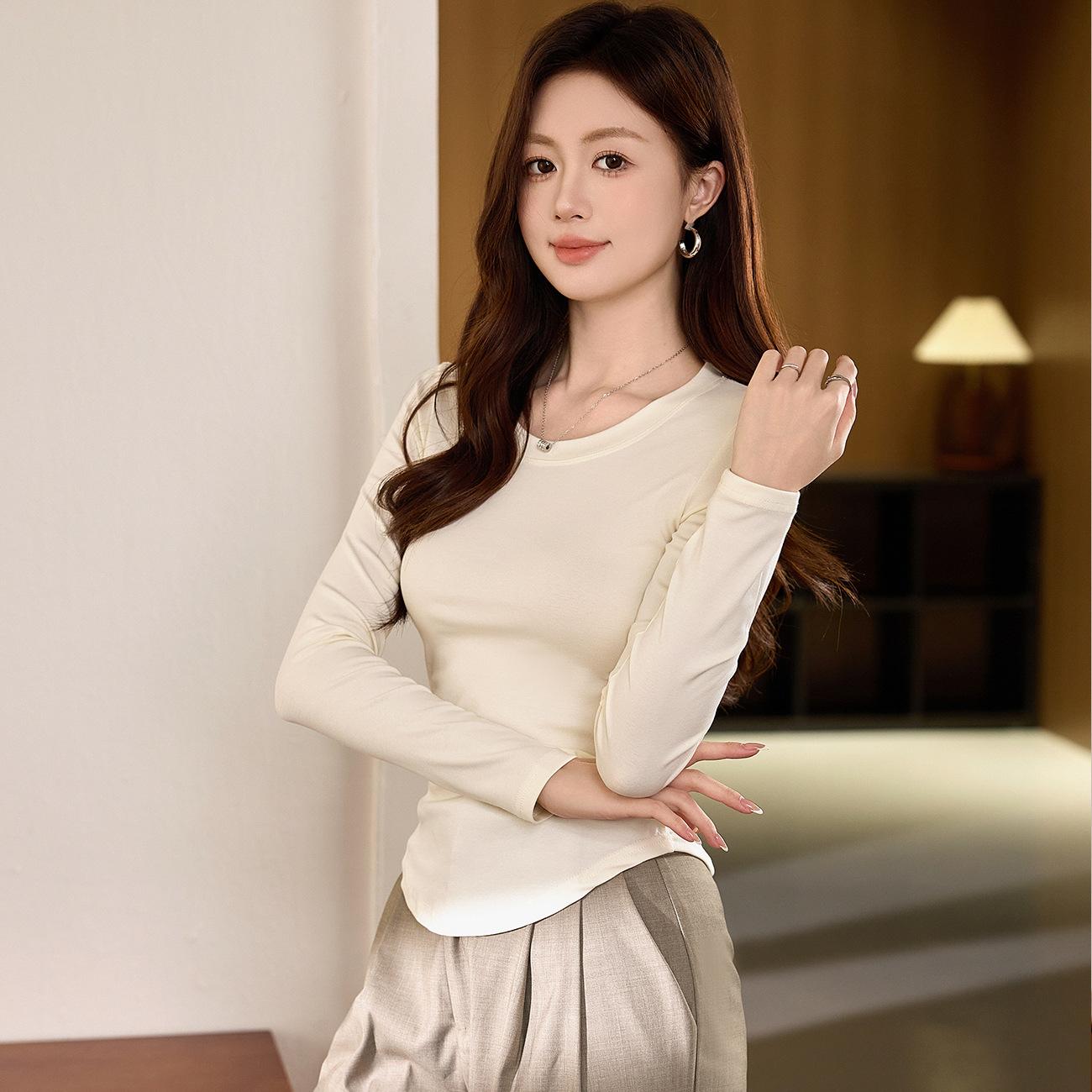 

Футболка с круглым вырезом для женщин, женская, с длинным рукавом, осенняя новинка, с нерегулярным изогнутым низом, облегающая, тонкая базовая рубашка 2XL