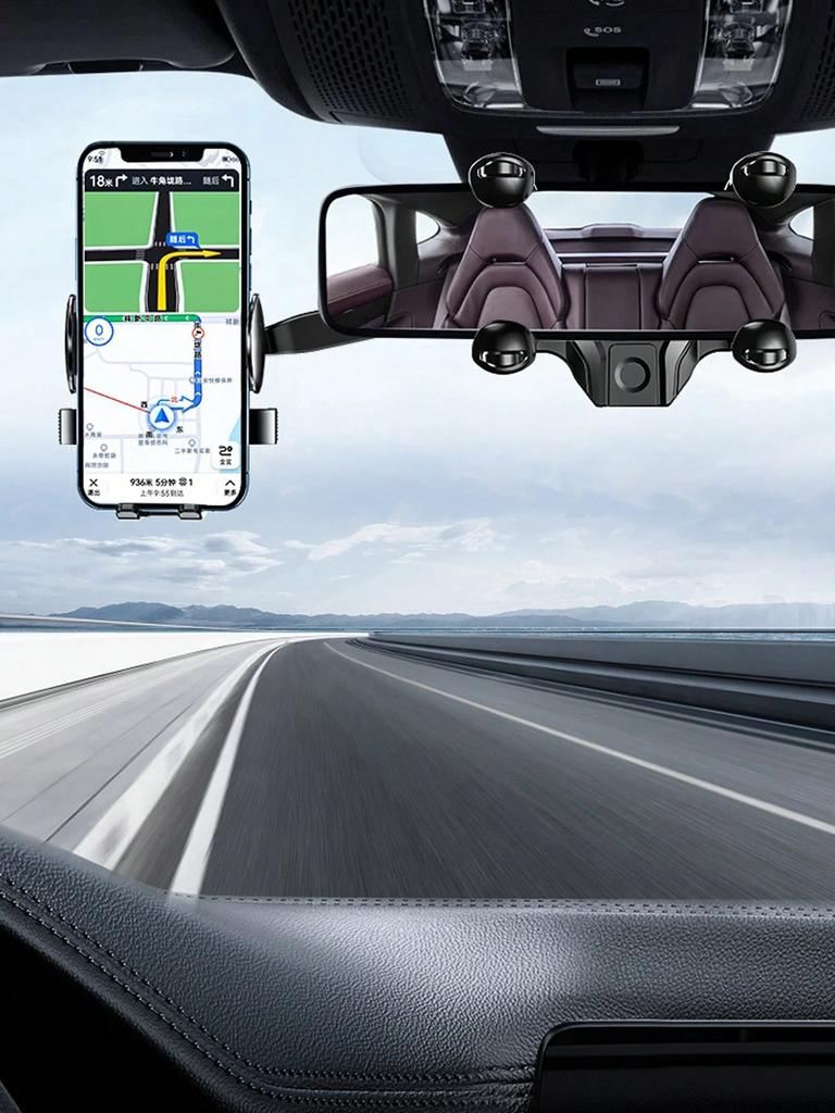 Universal Rearview Mirror Car Phone Holder – 360° Rotating Mount, Non-Blocking View, One-Hand Operation, Adjustable Size