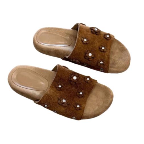 Soft Leather Version~ Fashion Flower Open-toed Cool Slippers Women's 2025 Summer New Thick-soled Outer Wear Velvet Versatile Sandals
