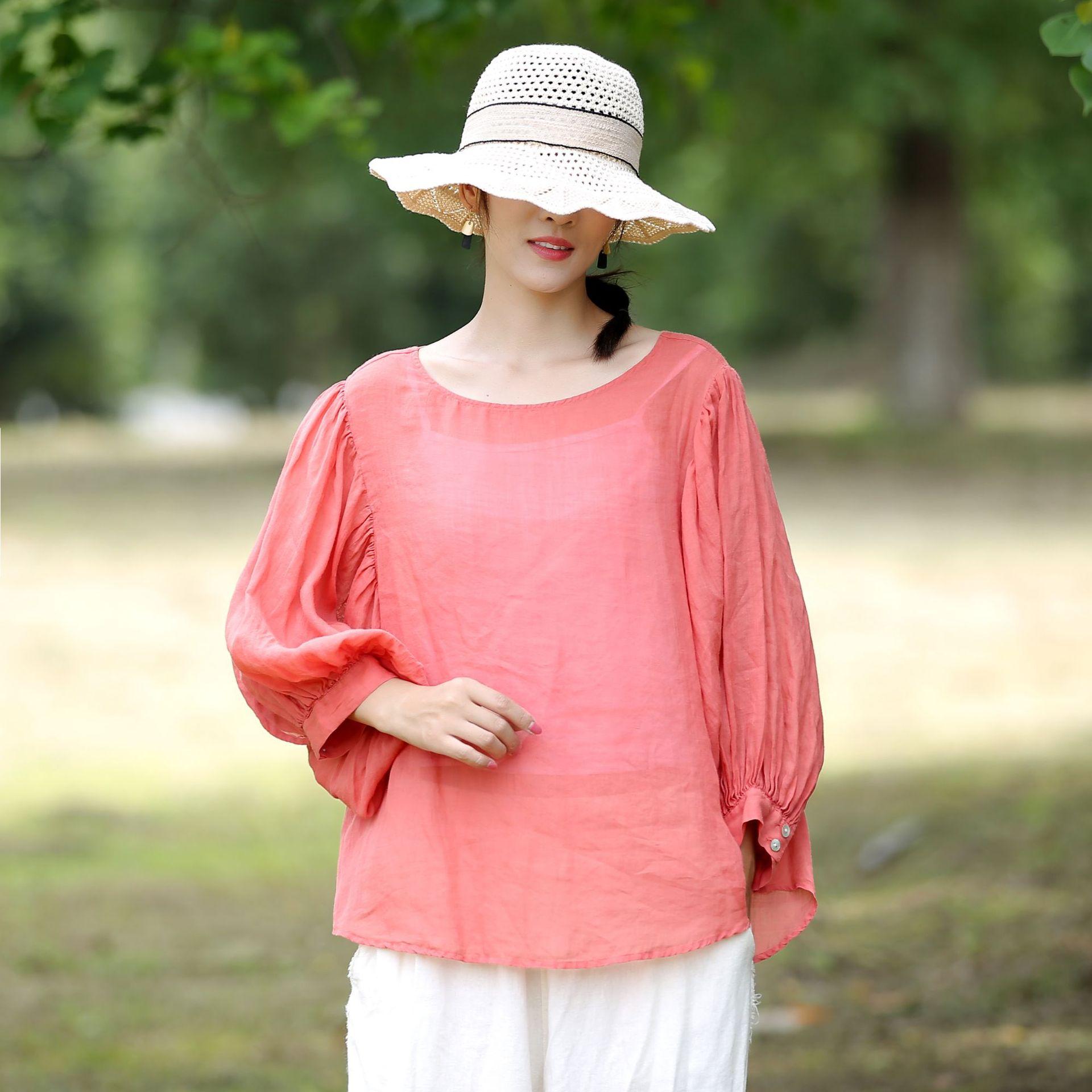 

Johnature весенние однотонные свободные льняные женские рубашки винтажные тонкие женские блузки с рукавами-фонариками девять четвертей One Size красный