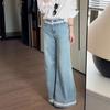 Light Blue Lace Lace Splicing Micro Flared Jeans Women's Design High-waisted Skinny Broad-legged Long Trousers Jeans for Women Long Denim Pants