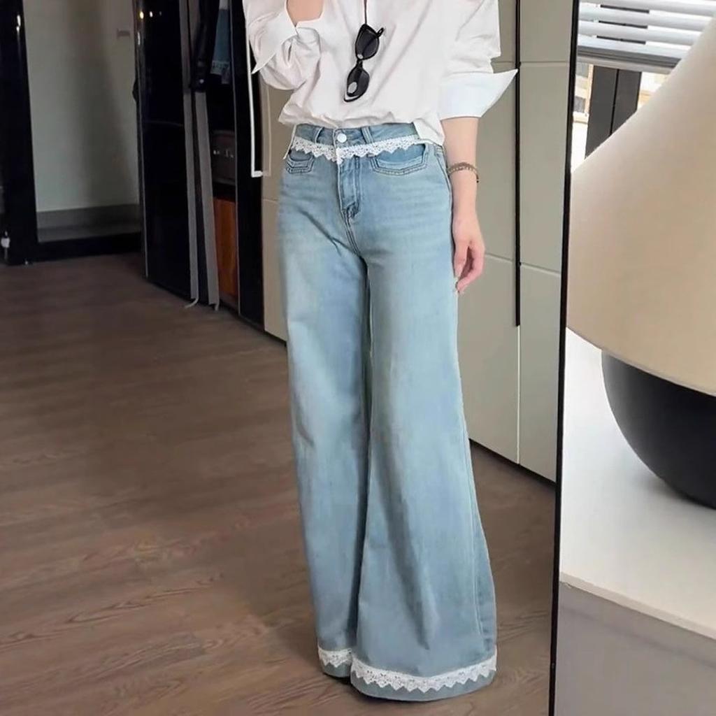 Light Blue Lace Lace Splicing Micro Flared Jeans Women's Design High-waisted Skinny Broad-legged Long Trousers Jeans for Women Long Denim Pants
