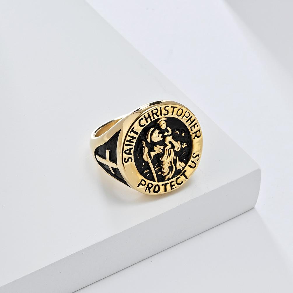 New Vintage Guardian St. Christopher Titanium Steel Ring for Men Personalized Hip Hop Stainless Steel Jewelry Teenage Boys Faith Finger Ring