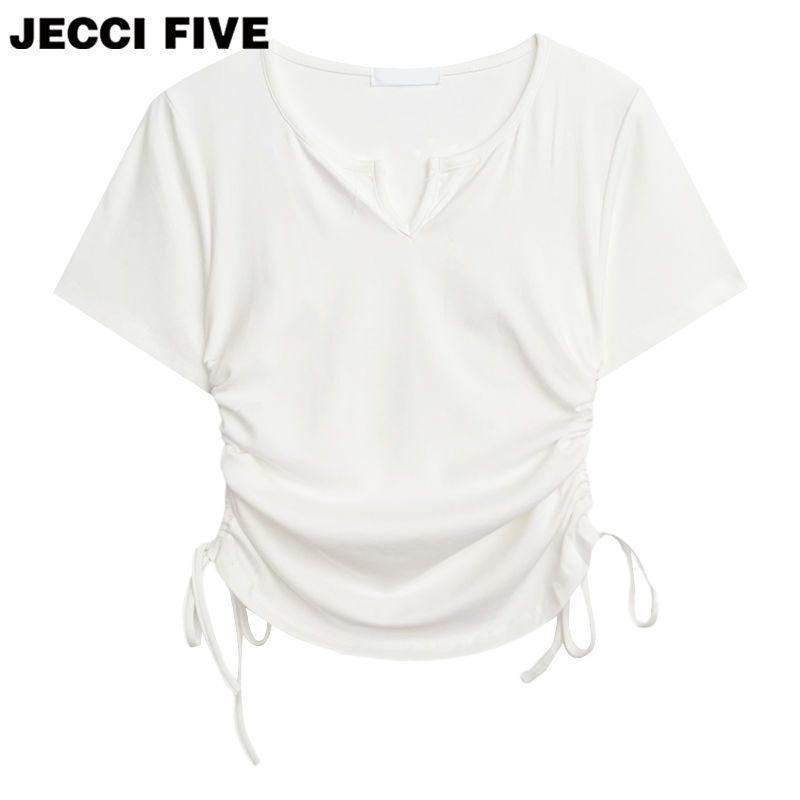 V-neck Solid Color Drawstring Pleated Waist Cinched Spicy Girl Shoulder T-shirt On Both Sides Tops