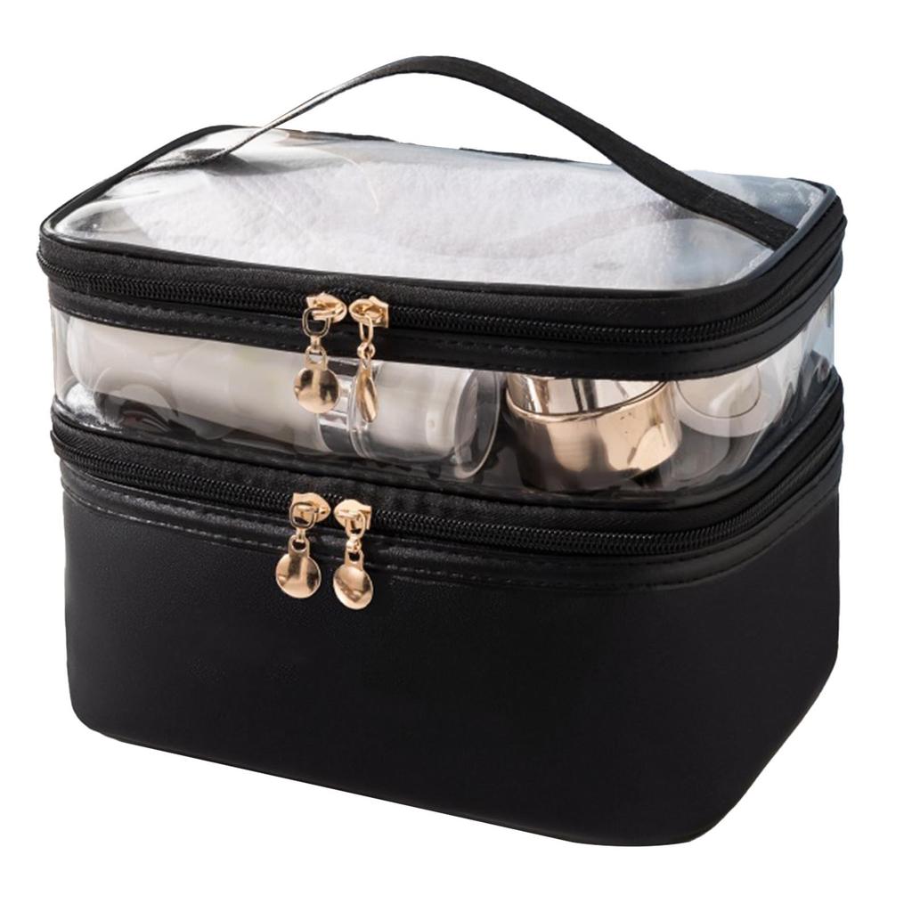 Double Layer Makeup Bag with Smooth Zippers Comfortable Handle Waterproof Sealed Travel Cosmetic