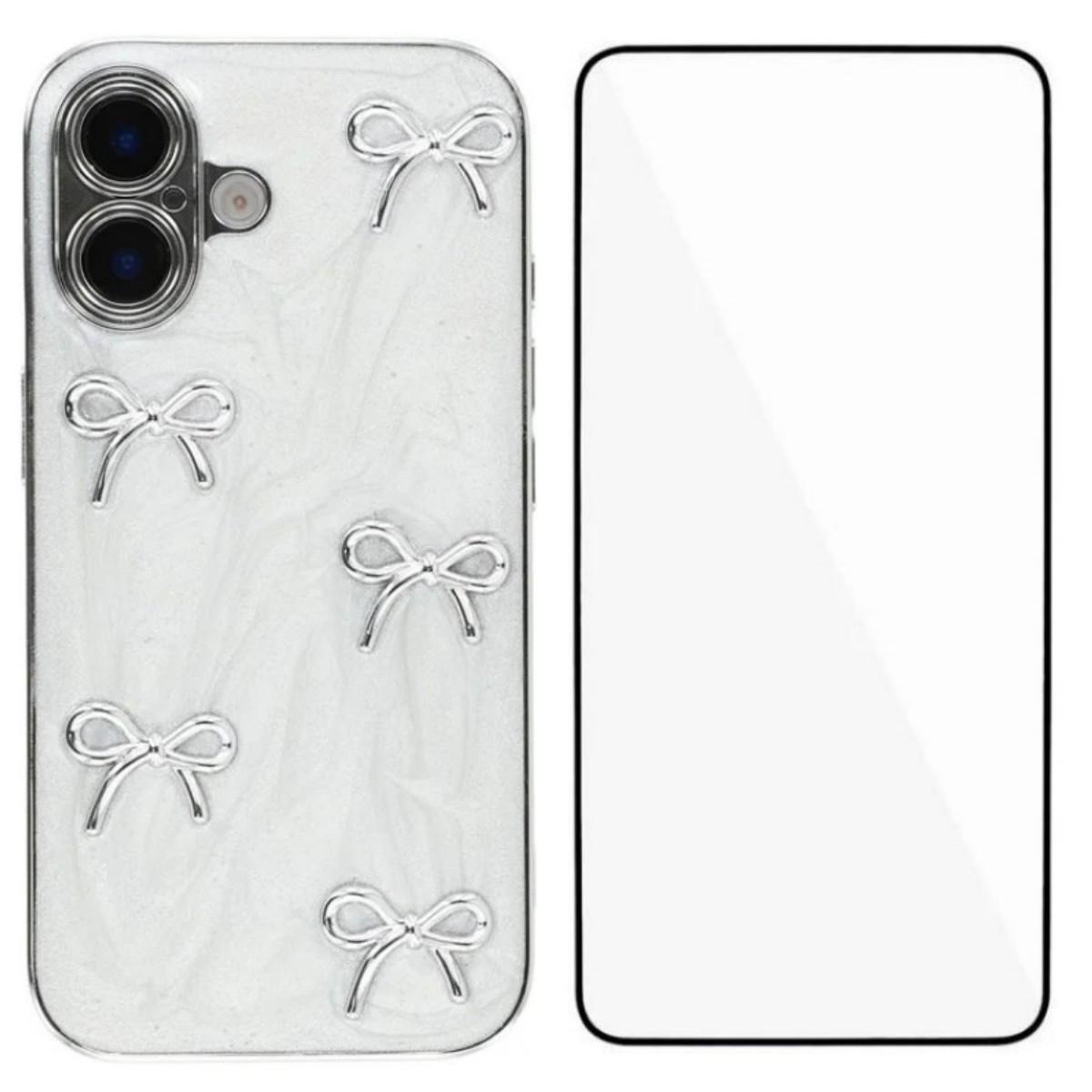 

For iPhone 16 Case WANLONFENG Electroplated Epoxy TPU+Acrylic Phone Cover with Tempered Glass Metal Bow