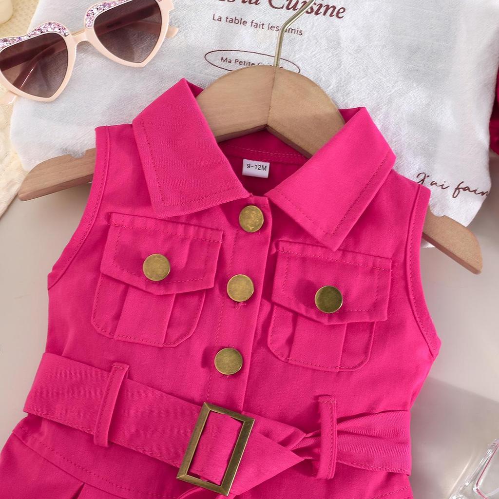 Girls' Solid Color Sleeveless Belted Dress