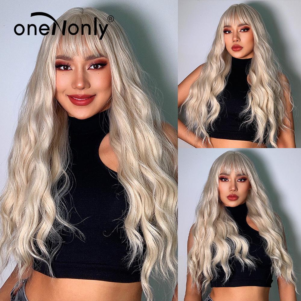 oneNonly Purple Blue Wig with Bangs Long Wavy Cosplay Lolita   Women Wigs  Halloween Party High Temperature Hair