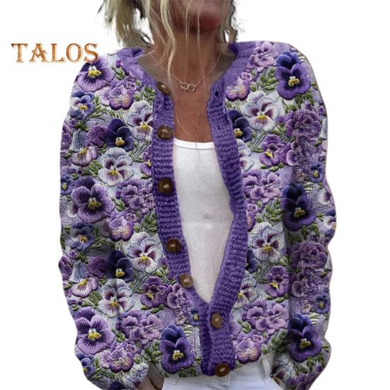 

Женский свитер кардиган с круглым вырезом и длинным рукавом с 3D-цветочным узором на пуговицах трикотажная куртка утолщенная теплая осенне-зимняя топы XXXXXL фиолетовый