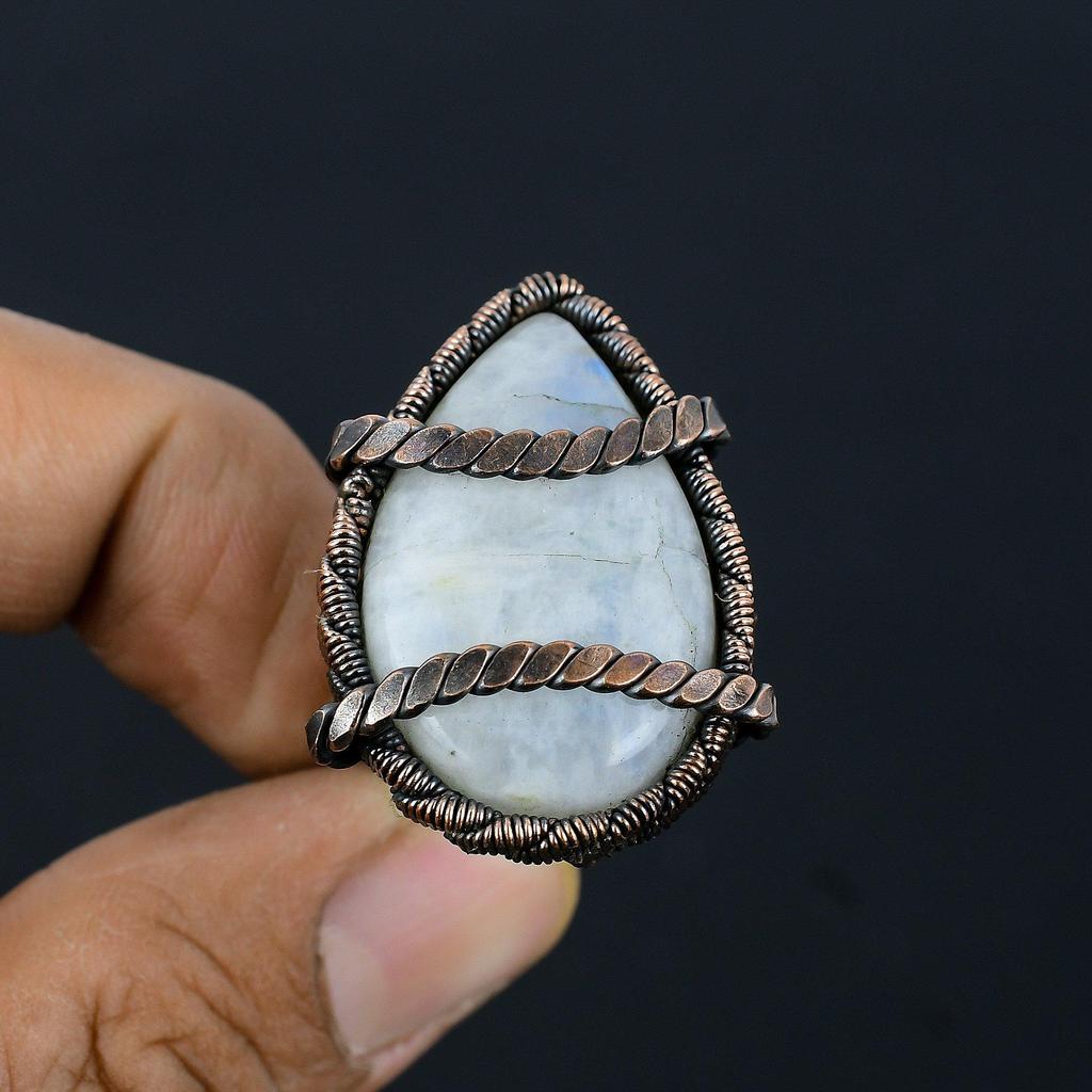 Moonstone Gemstone Copper Wire Wrapped Handmade Jewelry Ring For Woman