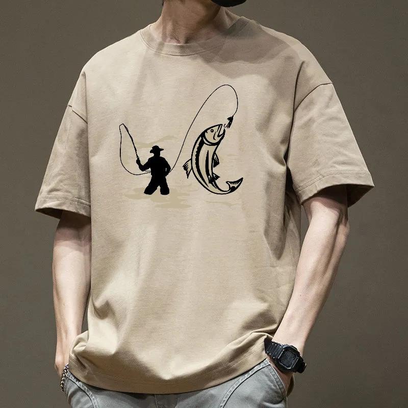 Men Khaki Fishing Silhouette Print Crew Neck Oversized T Shirt
