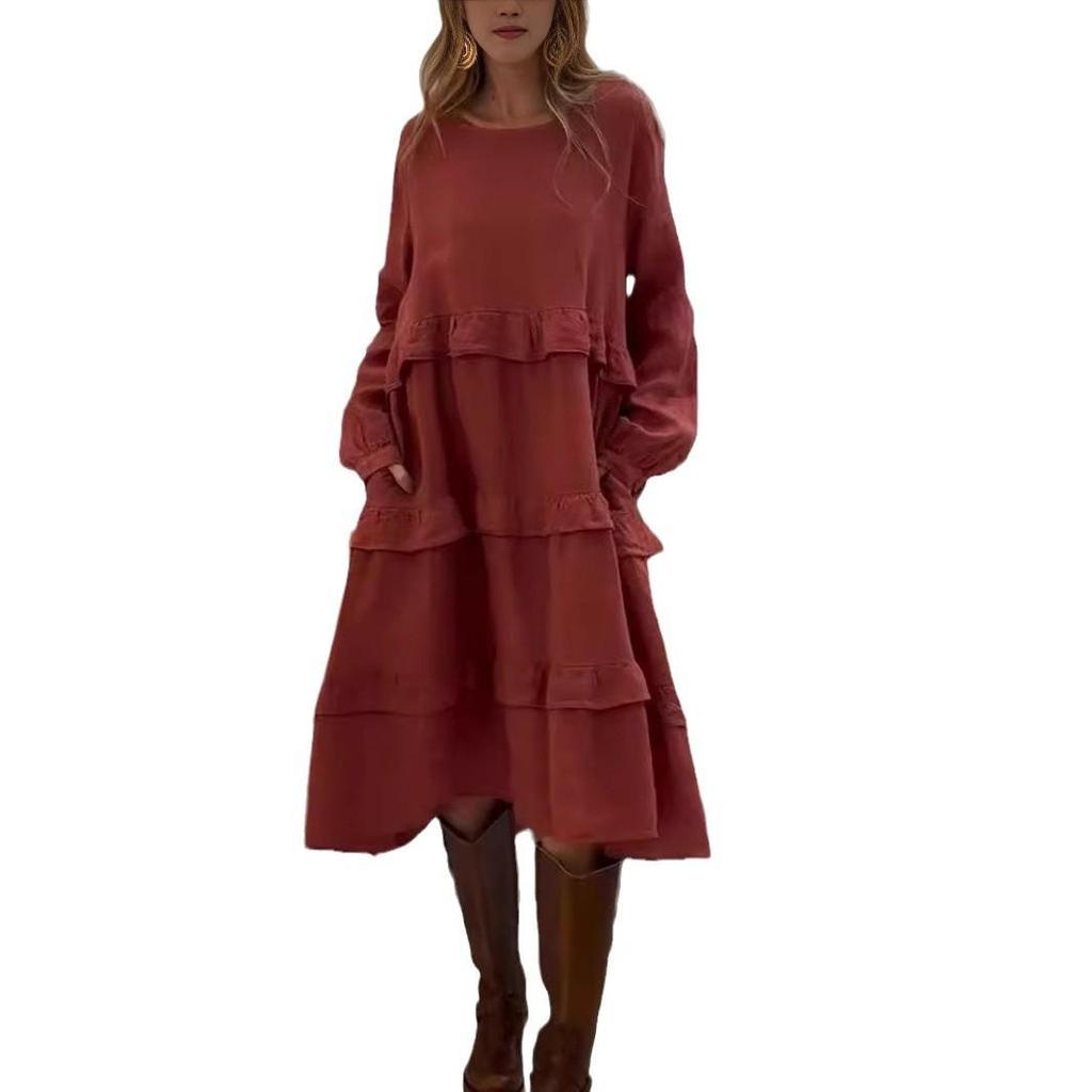 2025 Spring/Summer Women's Long-Sleeve Patchwork Ruffle Dress
