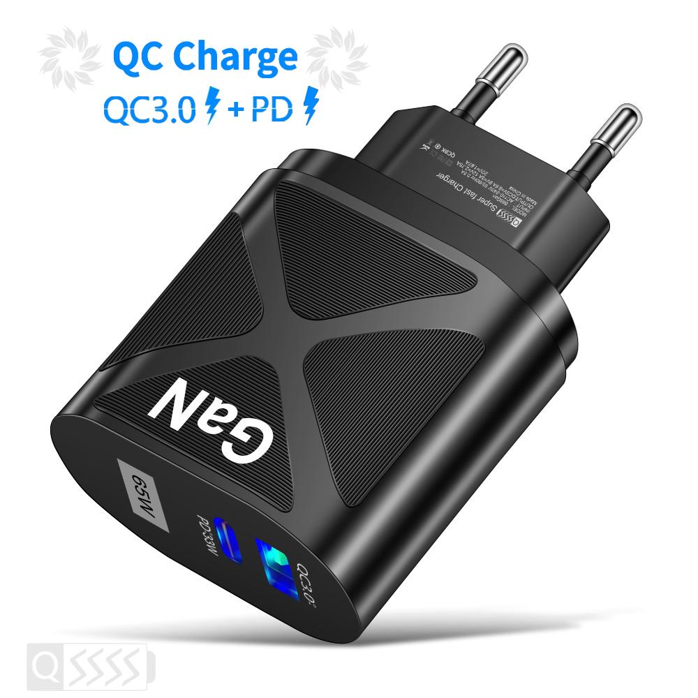 VAORLO 65W nabíječka GaN PD QC3.0 Rychlé nabíjení Rychlé nabíjení Nástěnná nabíječka EU UK Porty USA